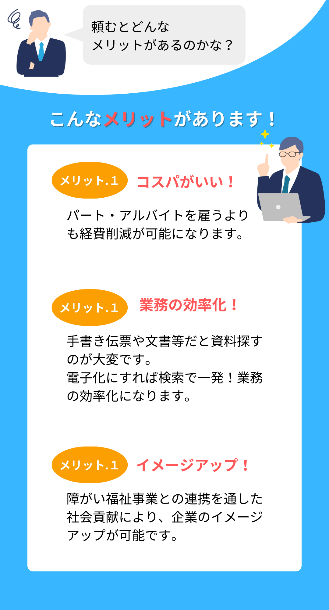 こんなメリットがあります！ ●コスパがいい！ パート・アルバイトを雇うよりも経費削減が可能になります。 ●業務の効率化！ 手書き伝票や文書等だと資料探すのが大変です。 電子化にすれば検索で一発！業務の効率化になります。 ●イメージアップ！ 障がい福祉事業との連携を通した社会貢献により、企業のイメージアップが可能です。